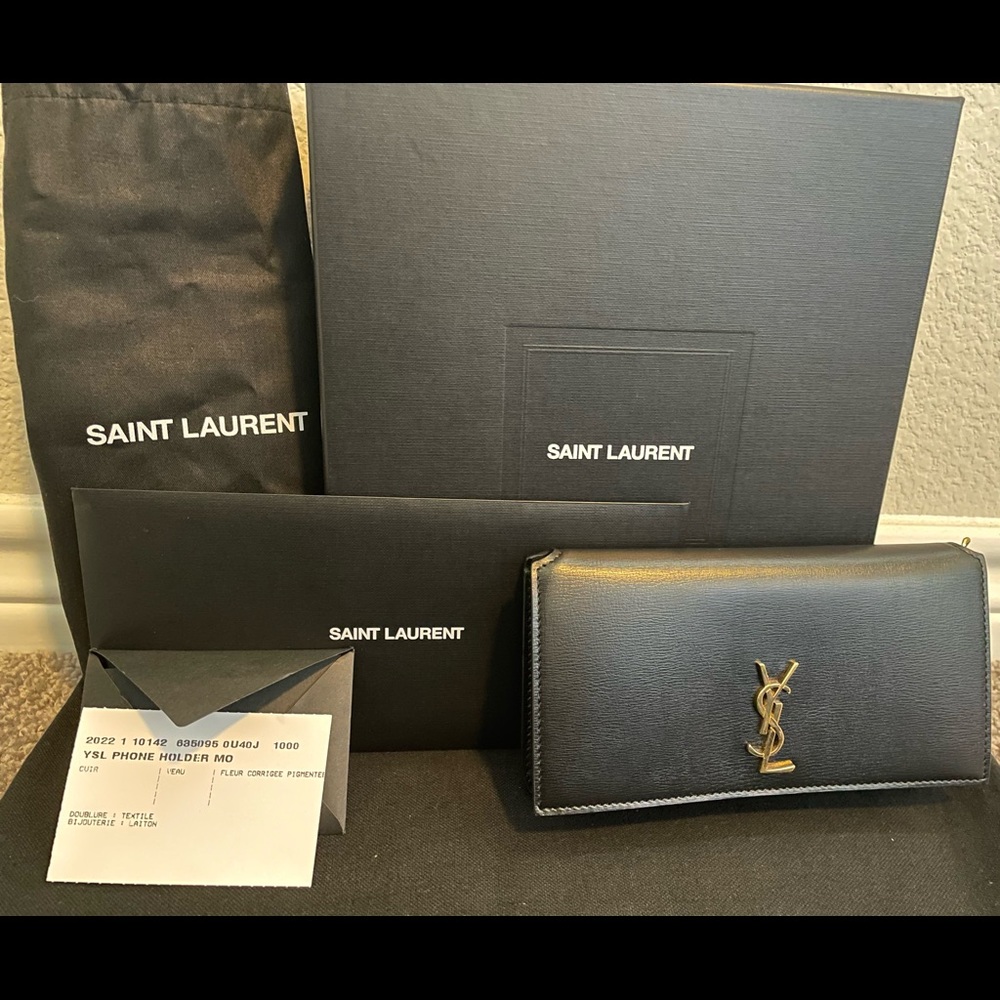NWT YSL Saint Laurent Black Phone Holder Purse with Chain 100% Authentic